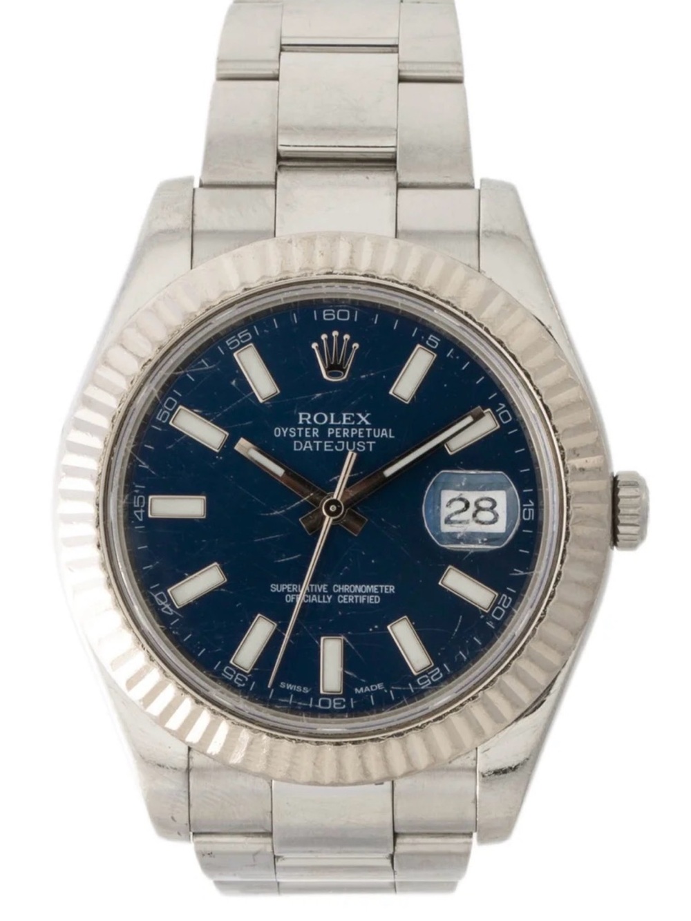Rolex Datejust Silver Stainless Steel Watch with White Gold Bezel and Blue Dial